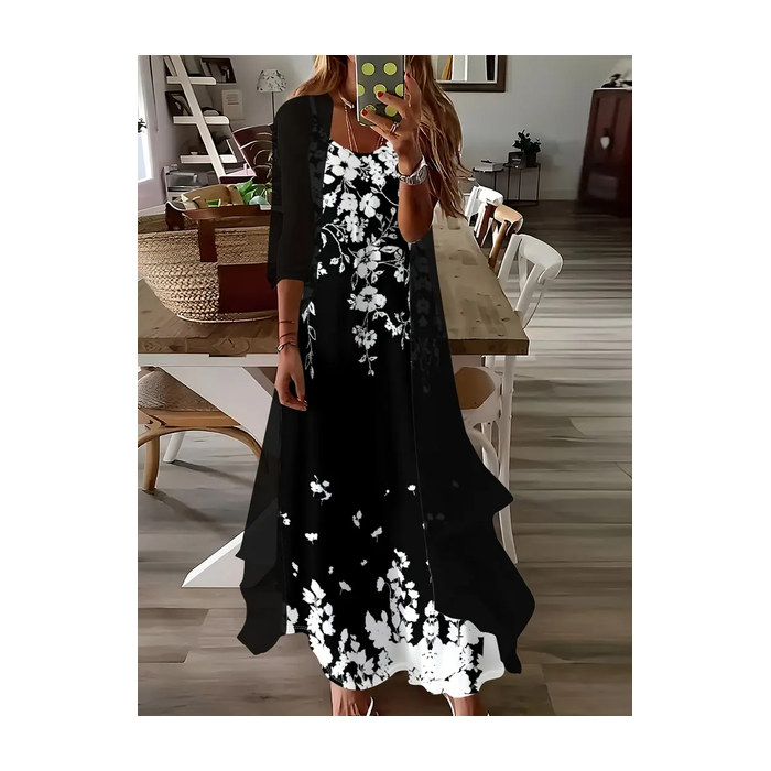 Women Floral Printing Two-Piece Set Daily Three Quarter Sleeve Casual Spring/Fall Dress With Coat Matching Set