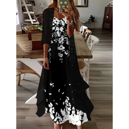 Women Floral Printing Two-Piece Set Daily Three Quarter Sleeve Casual Spring/Fall Dress With Coat Matching Set
