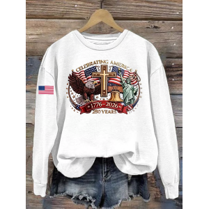 Women America Flag Crew Neck Printing Casual Spring/Fall Long Sleeve Sweatshirt
