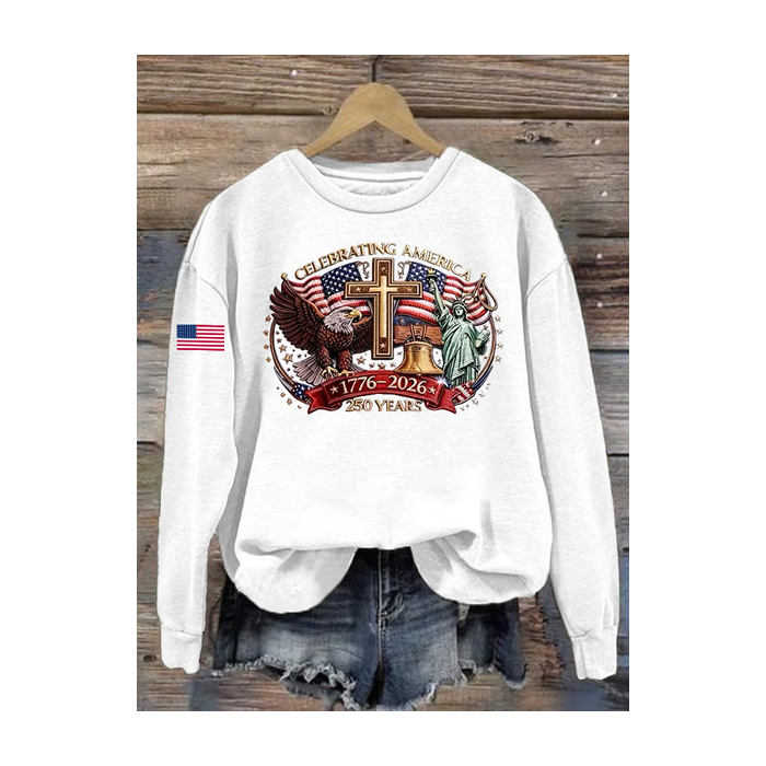 Women America Flag Crew Neck Printing Casual Spring/Fall Long Sleeve Sweatshirt