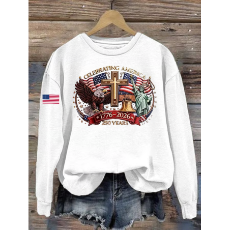 Women America Flag Crew Neck Printing Casual Spring/Fall Long Sleeve Sweatshirt