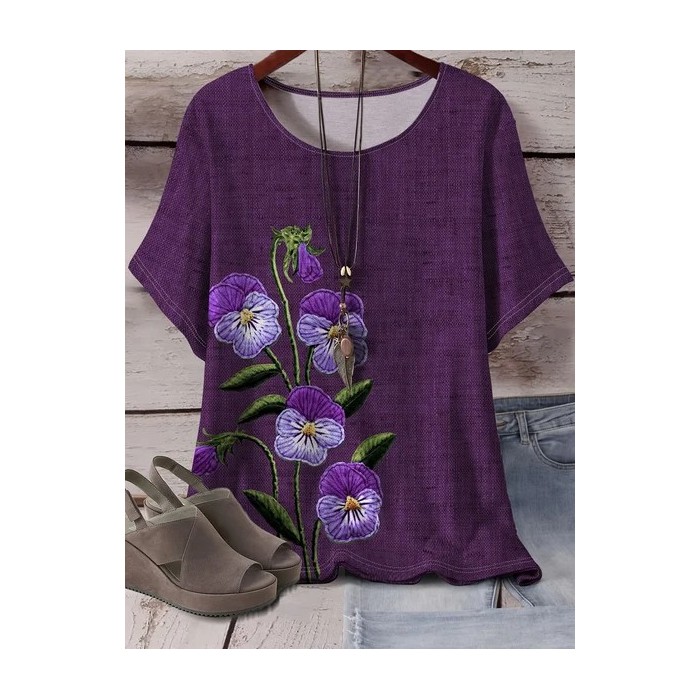 Women Floral Short Sleeve Tee T-shirt Crew Neck Printing Casual Summer Graphic Tee Top