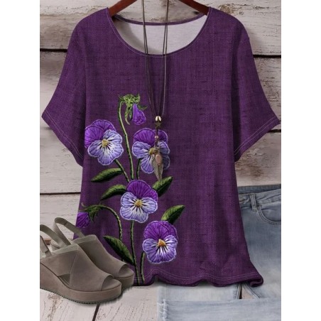 Women Floral Short Sleeve Tee T-shirt Crew Neck Printing Casual Summer Graphic Tee Top