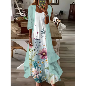 Women Floral Printing Two-Piece Set Daily Three Quarter Sleeve Casual Spring/Fall Dress With Coat Matching Set