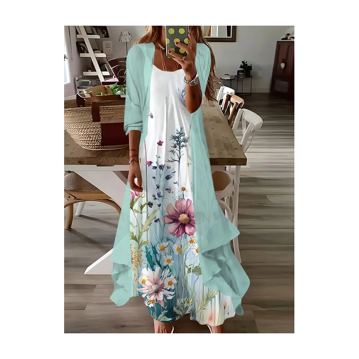 Women Floral Printing Two-Piece Set Daily Three Quarter Sleeve Casual Spring/Fall Dress With Coat Matching Set