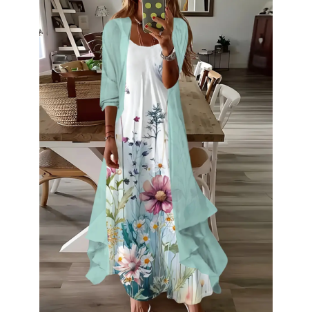 Women Floral Printing Two-Piece Set Daily Three Quarter Sleeve Casual Spring/Fall Dress With Coat Matching Set