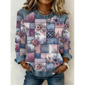 Women Floral Crew Neck Printing Vintage Spring/Fall Long Sleeve Sweatshirt