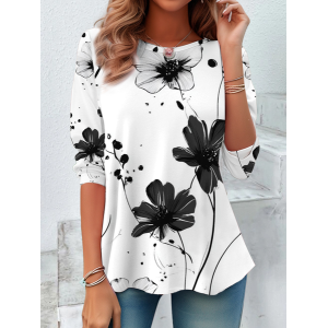 Women's Long Sleeve Tee T-shirt Spring/Fall Floral Printing Crew Neck Casual Graphic Tee Top