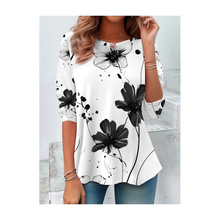 Women's Long Sleeve Tee T-shirt Spring/Fall Floral Printing Crew Neck Casual Graphic Tee Top