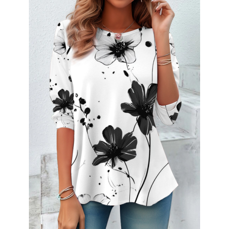 Women's Long Sleeve Tee T-shirt Spring/Fall Floral Printing Crew Neck Casual Graphic Tee Top
