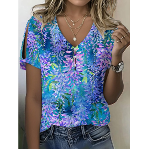 Women Floral Short Sleeve Tee T-shirt V Neck Printing Casual Summer Graphic Tee Top