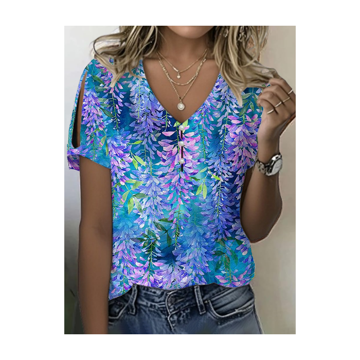 Women Floral Short Sleeve Tee T-shirt V Neck Printing Casual Summer Graphic Tee Top