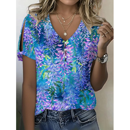 Women Floral Short Sleeve Tee T-shirt V Neck Printing Casual Summer Graphic Tee Top