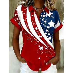 Women America Flag Shirt Collar Short Sleeve Shirt Printing Casual Daily Summer Top
