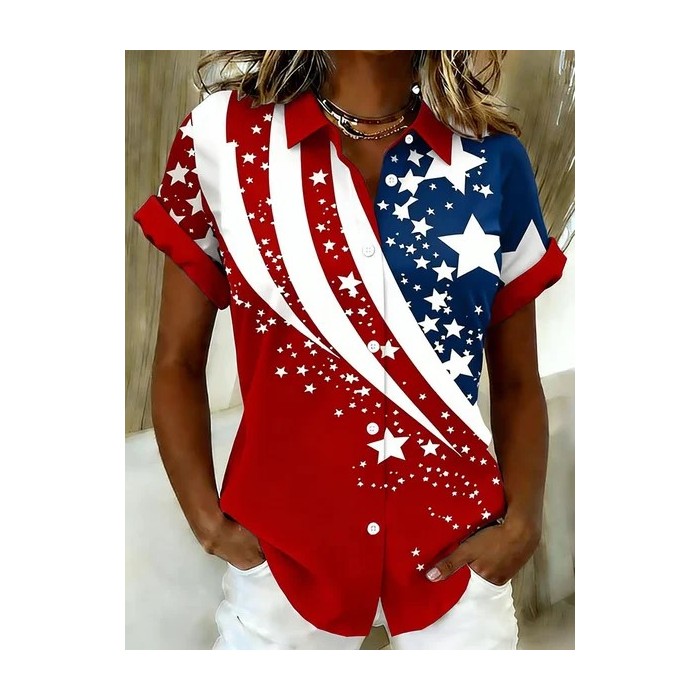 Women America Flag Shirt Collar Short Sleeve Shirt Printing Casual Daily Summer Top