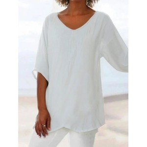Women Plain Short Sleeve Shirt Summer V Neck Daily Casual Top