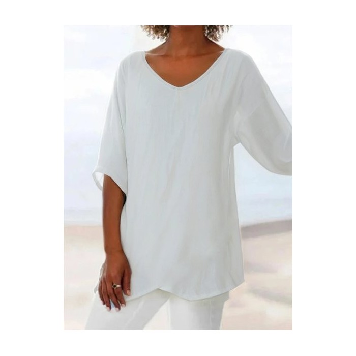 Women Plain Short Sleeve Shirt Summer V Neck Daily Casual Top