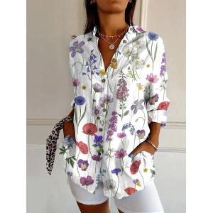 Women Floral Long Sleeve Shirt Spring/Fall Buckle Shirt Collar Daily Casual Top