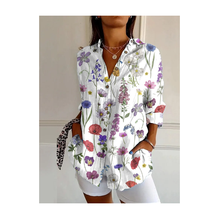 Women Floral Long Sleeve Shirt Spring/Fall Buckle Shirt Collar Daily Casual Top