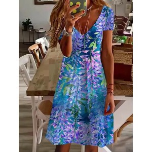 Women Floral Short Sleeve Summer Dress V Neck Daily Casual Midi Fit & Flare Dress A-Line Dress