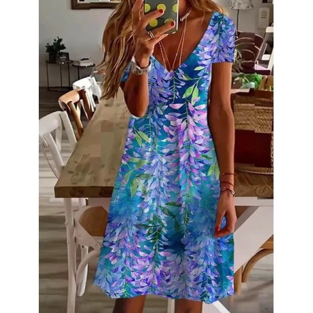 Women Floral Short Sleeve Summer Dress V Neck Daily Casual Midi Fit & Flare Dress A-Line Dress