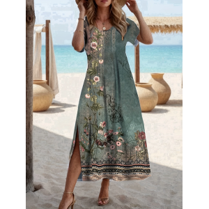 Women Floral Short Sleeve Summer Printing Dress Crew Neck Daily Casual Maxi Fit & Flare Dress A-Line Dress