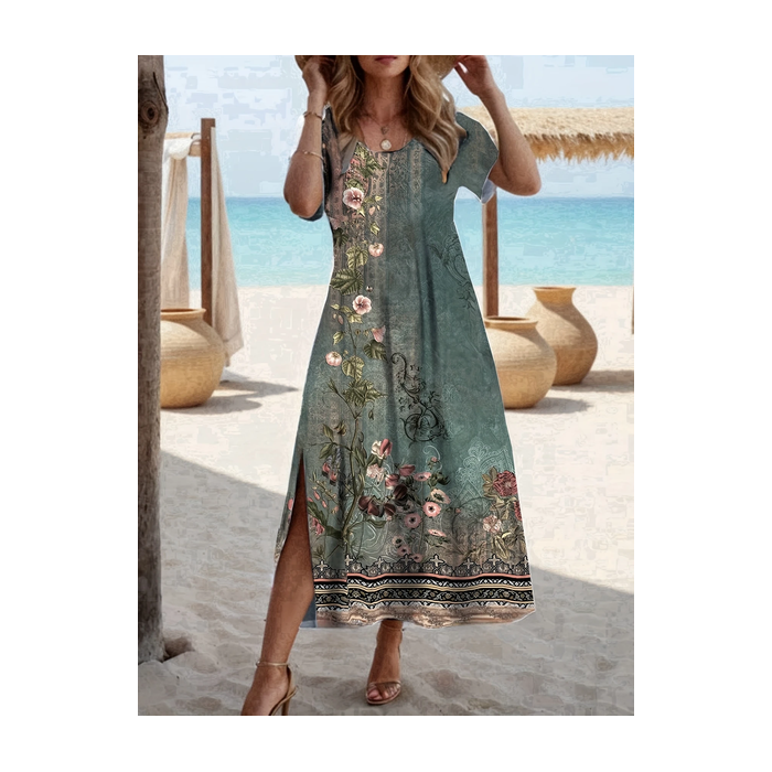 Women Floral Short Sleeve Summer Printing Dress Crew Neck Daily Casual Maxi Fit & Flare Dress A-Line Dress