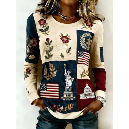 Women Floral Long Sleeve Tee T-shirt Crew Neck Printing Casual Graphic Tee Spring/Fall Top