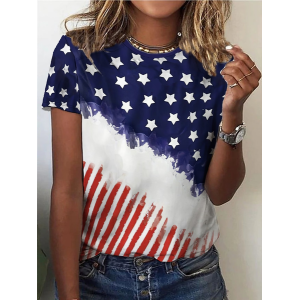 Women America Flag Short Sleeve Tee T-shirt Crew Neck Printing Casual Graphic Tee Summer Top