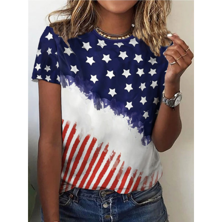 Women America Flag Short Sleeve Tee T-shirt Crew Neck Printing Casual Graphic Tee Summer Top