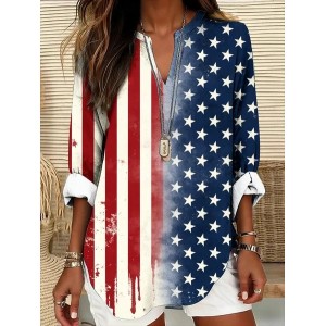 Women America Flag V Neck Long Sleeve Blouse Printing Casual Daily Spring/Fall Top