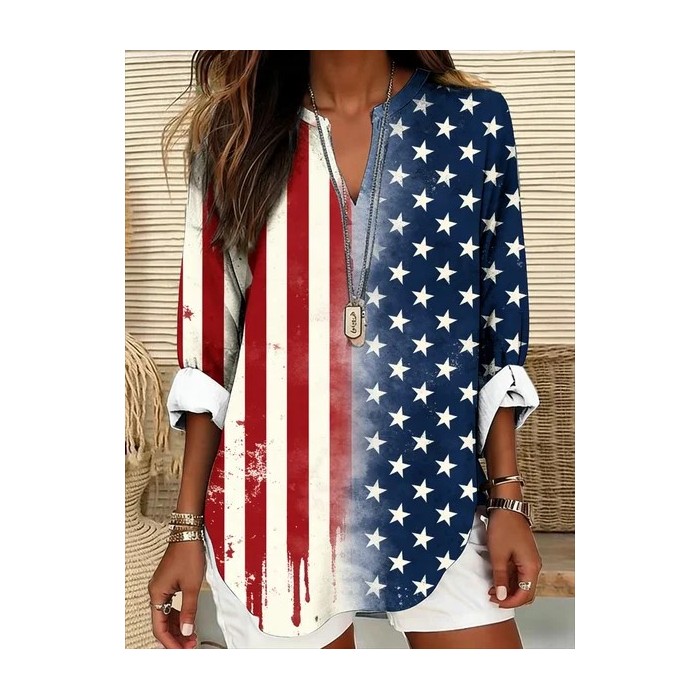Women America Flag V Neck Long Sleeve Blouse Printing Casual Daily Spring/Fall Top