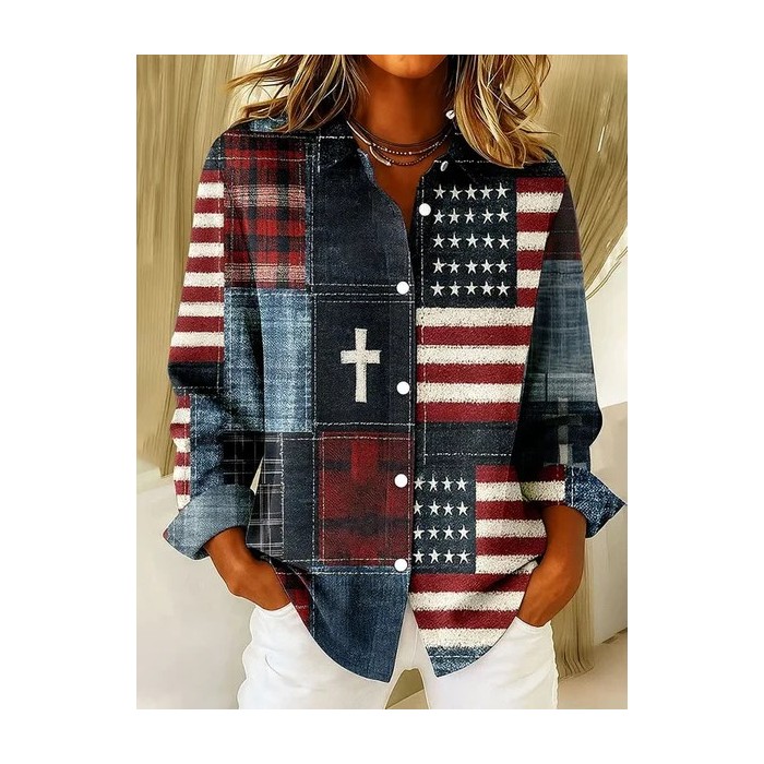 Women America Flag Shirt Collar Long Sleeve Shirt Buckle Regular Sleeve Casual Daily Spring/Fall Top