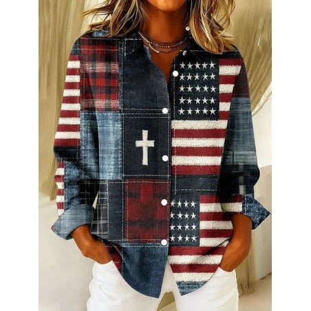 Women America Flag Shirt Collar Long Sleeve Shirt Buckle Regular Sleeve Casual Daily Spring/Fall Top