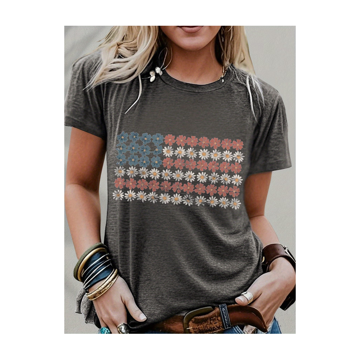 Women Floral Short Sleeve Tee T-shirt Crew Neck Printing Casual Graphic Tee Summer Top