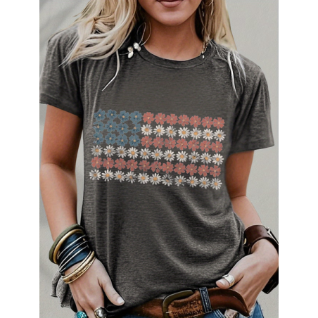 Women Floral Short Sleeve Tee T-shirt Crew Neck Printing Casual Graphic Tee Summer Top