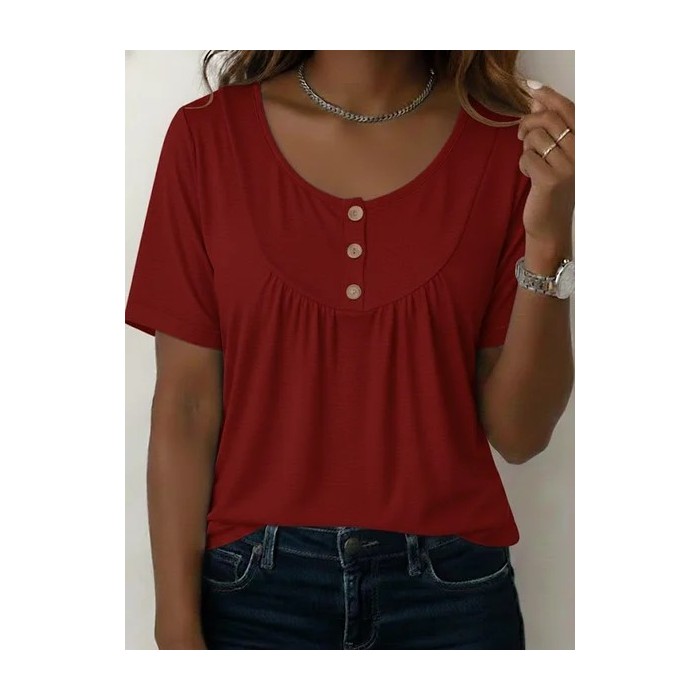 Women Plain Short Sleeve Tee T-shirt Crew Neck Buckle Casual Summer Top