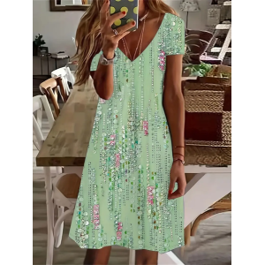 Women's Floral Short Sleeve Summer Printing Dress V Neck Daily Casual Knee Length T-Shirt Dress H-Line Dress