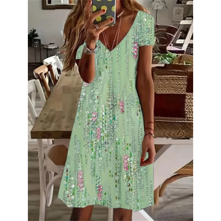 Women's Floral Short Sleeve Summer Printing Dress V Neck Daily Casual Knee Length T-Shirt Dress H-Line Dress