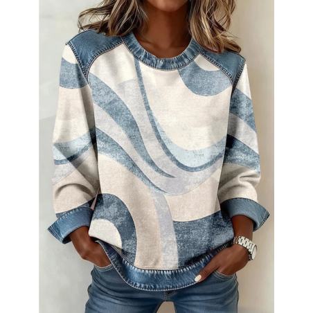 Women Abstract Crew Neck Printing Vintage Spring/Fall Long Sleeve Sweatshirt