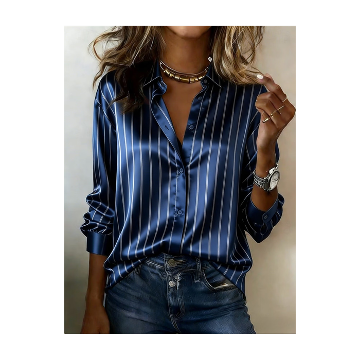 Women Striped Shawl Collar Long Sleeve Shirt Casual Daily Spring/Fall Top