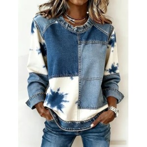 Women Faux Denim Print Graphic Crew Neck Printing Vintage Spring/Fall Long Sleeve Sweatshirt