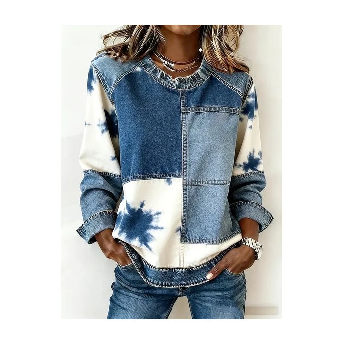 Women Faux Denim Print Graphic Crew Neck Printing Vintage Spring/Fall Long Sleeve Sweatshirt