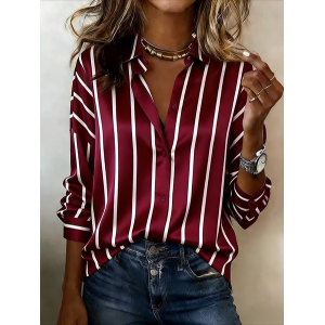 Women Striped Shawl Collar Long Sleeve Shirt Casual Daily Spring/Fall Top