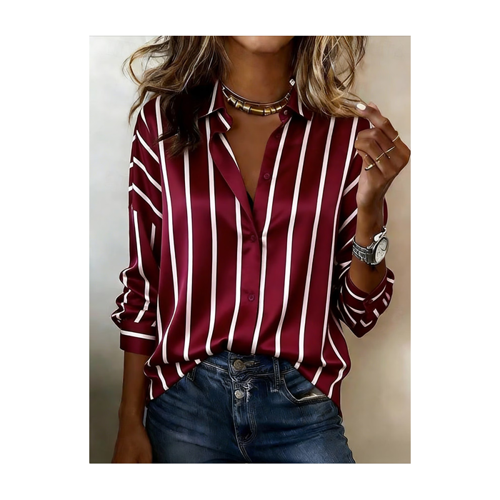 Women Striped Shawl Collar Long Sleeve Shirt Casual Daily Spring/Fall Top