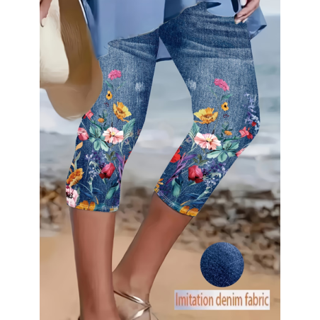 Women Floral Capris Elastic Waist Pants Casual Summer Trousers