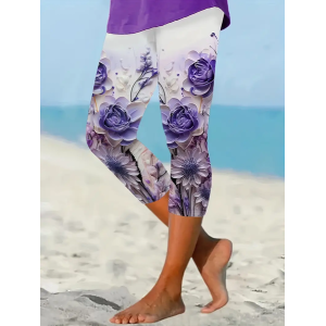 Women Floral Capris Elastic Waist Pants Casual Summer Trousers