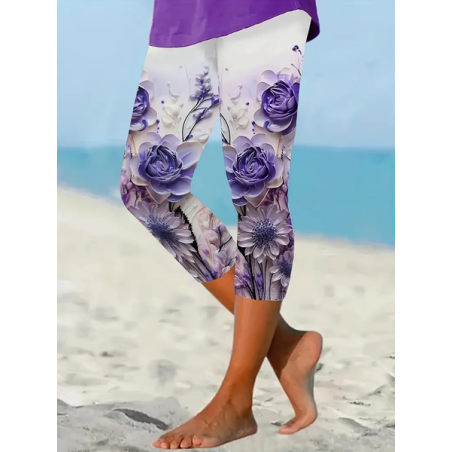 Women Floral Capris Elastic Waist Pants Casual Summer Trousers