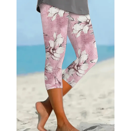Women's Floral Capris Elastic Waist Pant Casual Summer Trousers