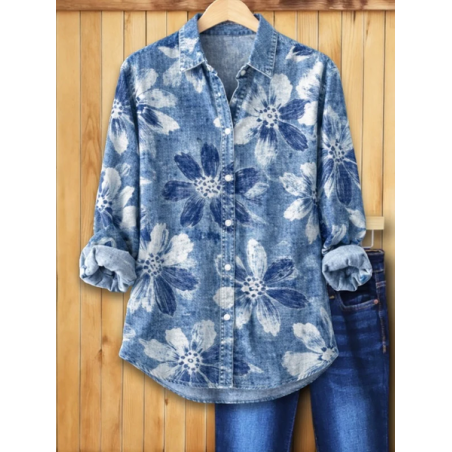 Women Floral Shirt Collar Long Sleeve Shirt Buckle Regular Sleeve Casual Daily Spring/Fall Top